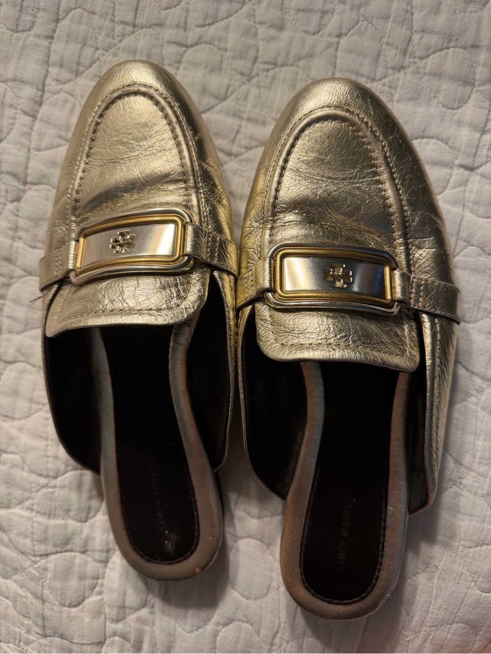 Tory Burch Metallic Gold Leather Slip-On Mules